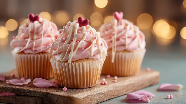 Valentine's Day cupcakes with pink buttercream swirls, white chocolate drizzle, red heart toppers, rustic wooden board, rose petals, romantic social media, bakery ads