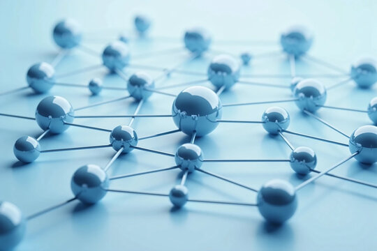 Clean 3D rendering of a social connection network with interconnected nodes and links representing communication, digital interaction, teamwork, and technology structure in an abstract visual diagram.