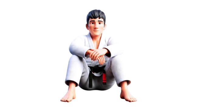 3d cartoon jiujitsu champion serene pose, white gi, black belt, peaceful warrior, isolated on transparent background
