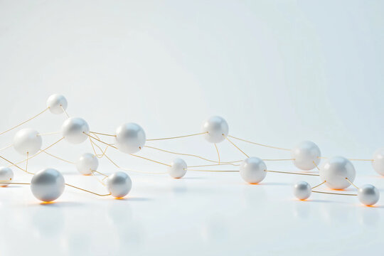 Clean 3D rendering of a social connection network with interconnected nodes and links representing communication, digital interaction, teamwork, and technology structure in an abstract visual diagram.