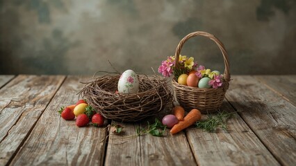 Rustic wooden planks holding an Easter egg nest