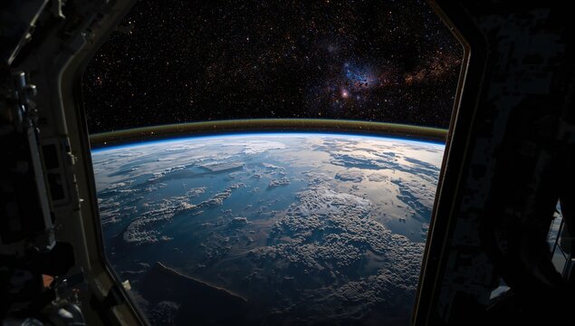 View of Earth and the Milky Way from a spacecraft's viewport aboard a space station. Image elements supplied by a space agency.