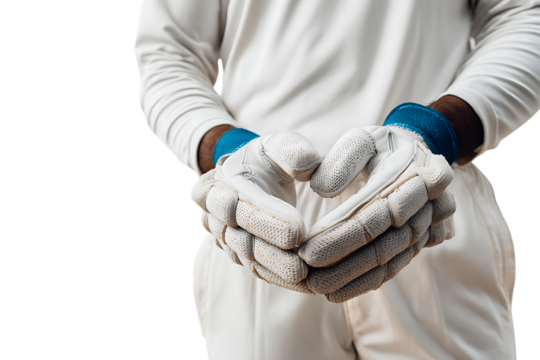Close up of cricketer's hands in batting gloves.