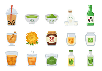 Varied drinks boba tea matcha sake alcohol aloe juice jelly cubes chrysanthemum Diverse beverage presentation