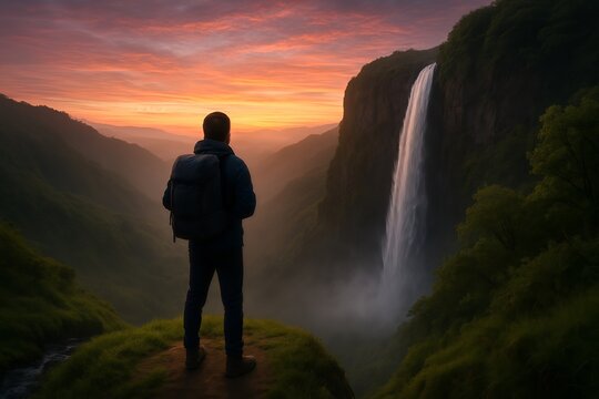silhouette of hiker man standing on top of cliff side looking at waterfall