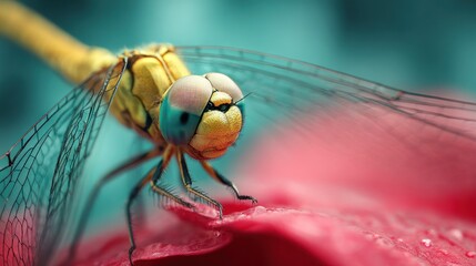 Dragonfly resting on a vibrant red petal with translucent wings against a blurred teal and blue background