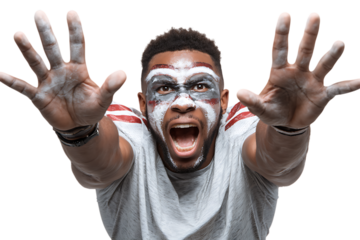 Excited man with face paint celebrating victory.