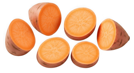 Freshly cut sweet potatoes vibrant orange flesh healthy root vegetable ready for cooking delicious and nutritious ingredient transparent background
