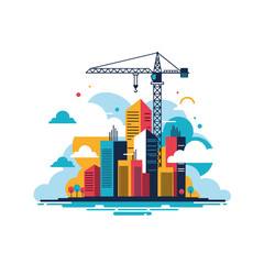 Obraz premium Modern city construction project with cranes and buildings under blue sky