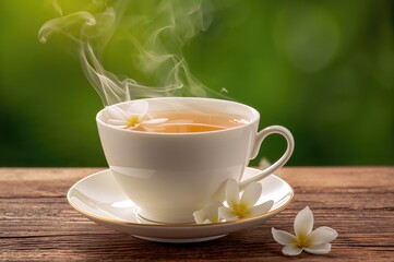 Arrangement featuring a cup of jasmine milk tea surrounded by flowers on a green backdrop