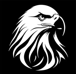 Minimalist Black and White Eagle Head Logo Side View. Vector illustration of a minimalist black and white eagle head logo in side profile view on a dark background. Modern, bold, and power