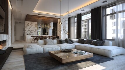 Living Room Without Furniture. Modern Luxury Interior Design with Marble Decor in 3D Rendering