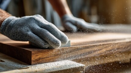 Woodworking craftsmanship with gloved hand sanding wooden surface for workshop design