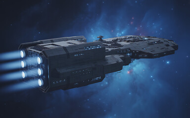 Obraz premium Massive futuristic starship cruises through deep space propelled by powerful engines