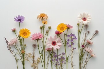 Fototapeta premium Delicate wildflowers displayed on a clean white backdrop, showcasing their pure elegance and natural beauty.