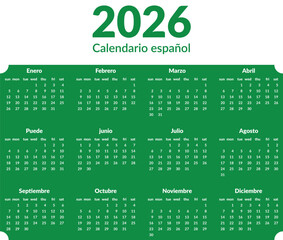2026 Spanish Calendar in Green