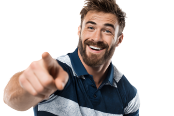 Happy man pointing at the camera, smiling.