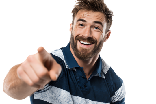 Happy man pointing at the camera, smiling.