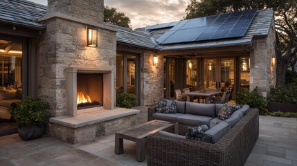 Luxury Outdoor Fireplace. Cozy Patio with Solar Panels on Roof, Home Fireplace and Garden Furniture