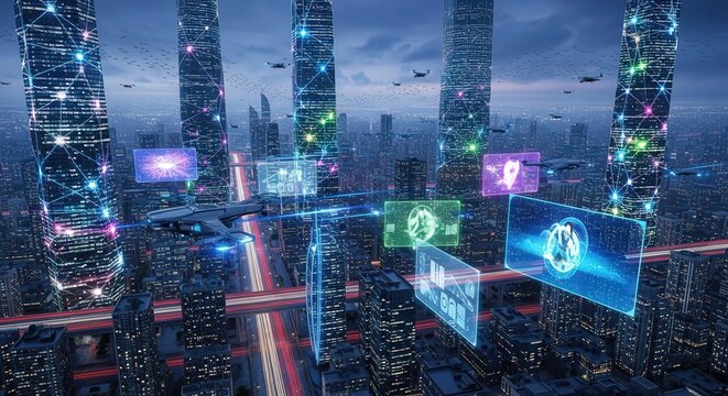 Futuristic Smart City with Advanced Technology and Digital Interfaces.