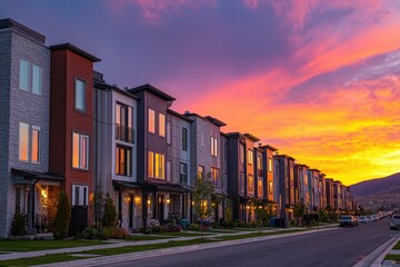 Fototapeta premium Luxury Townhomes in Suburban Utah Valley at Sunset: Modern Architecture in Row Housing