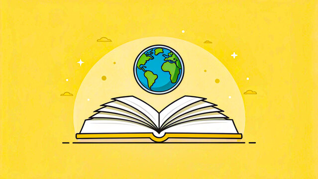 Open book with globe above on a yellow background art