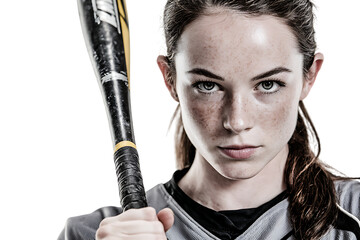 Close up portrait of a determined female softball player.