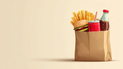 Fast food paper bag with burger fries soda and cola bottle symbolizing takeaway meal delivery convenience and modern lifestyle