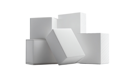 A stack of blank white boxes.  Several rectangular boxes, various sizes, are stacked unevenly, creating a 3D effect.  Solid white, no markings or designs.  Simple, clean aesthetic