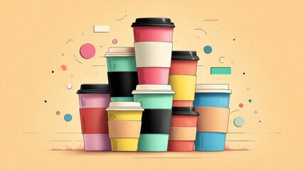 Illustration of stacked takeaway coffee cups with different pastel colors, symbolizing the modern coffee culture and daily routine.