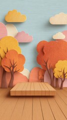Wooden podium stage with colorful paper cut autumn trees and clouds symbolizing seasonal product display or creative background