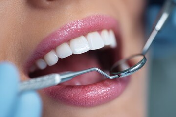 Macro Doctor Office. Close Up of Caucasian Adult Having Dental Check Up in Clean Dental Clinic