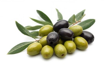 Obraz premium Assortment of dark and green olives accompanied by leaves on a plain backdrop with cutout effect