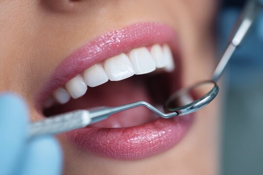 Macro Doctor Office. Close Up of Caucasian Adult Having Dental Check Up in Clean Dental Clinic