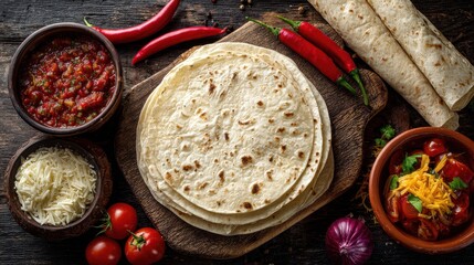 Making Burrito. Variety of Ingredients for Tacos and Burritos on Rustic Background