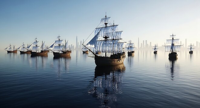 Armada of ancient galleons navigating calm seas with a modern cityscape in the background over the horizon