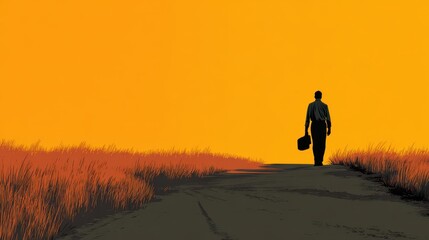 Man Walking Away Silhouette. Success in a Sunlit Field of Wheat