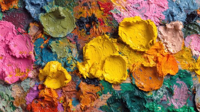 Palette of vibrant, textured oil paints in a colorful mix of hues, creating an abstract and artistic background