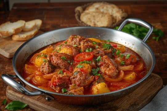 Tasty Fiery Pork Ojakhuri with Potatoes, Onions, and Fresh Herbs in a Skillet