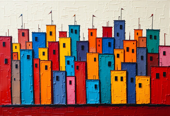 Abstract vibrant cityscape with colorful geometric buildings stacked closely together on textured