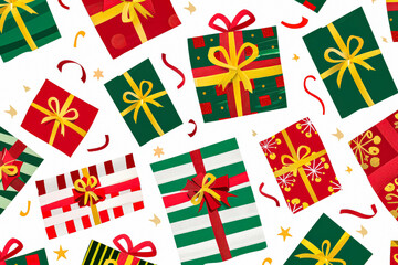 Obraz premium Colorful Christmas and New Year gift boxes with vibrant ribbons and festive patterns, creating a joyful holiday atmosphere with copy space