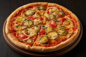 Tasty Homemade Pizza Featuring Melted Cheese, Pickles, Onions, Green Corn, and Tomato Sauce. Wood-Fired Style Pasta Preparation