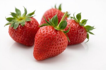 Detailed close-up of fresh strawberries against a plain white backdrop