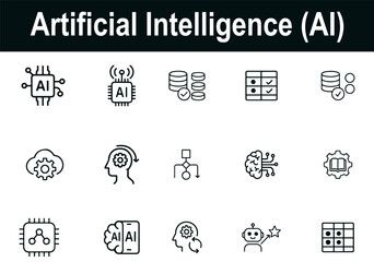 Artificial Intelligence Icon Set – Vector Illustrations of Neural Networks, AI Chips, Robots, and Data Systems for Technology, Education, and Innovation Projects