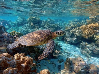 Obraz premium Maui Snorkeling. Underwater Turtle Swimming among Coral Reef in Tropical Blue Ocean