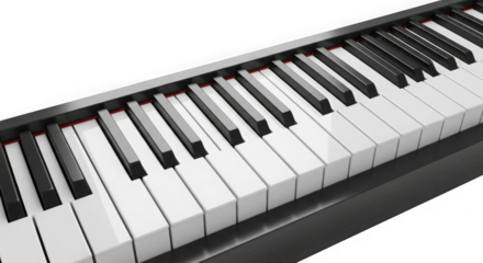 Close up view of black and white piano keys in a musical arrangement ready for performance transparent background