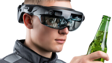 Augmented Vision: A man uses augmented reality glasses and interact with a green bottle of beverage, at the forefront of technological and lifestyle evolution.