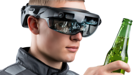 Augmented Vision: A man uses augmented reality glasses and interact with a green bottle of beverage, at the forefront of technological and lifestyle evolution.
