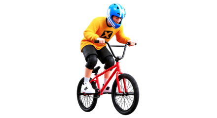 bmx rider in action cartoon 3d model, dynamic pose, intense focus, isolated on transparent background