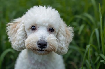 Detailed shot of a white poodle with a lush green backdrop.